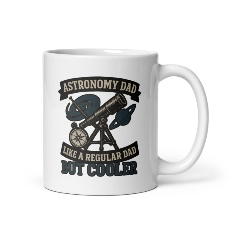Astronomy dad mug with telescope and planets design.