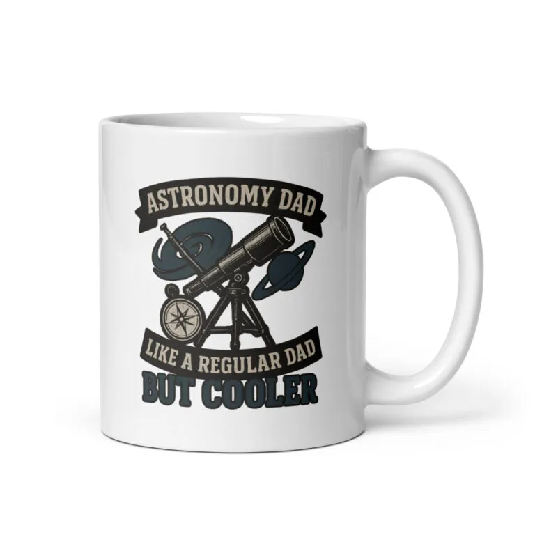 Astronomy dad mug with telescope and planets design.