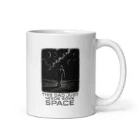 Astronaut mug with humorous space-themed text.