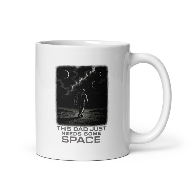 Astronaut mug with humorous space-themed text.