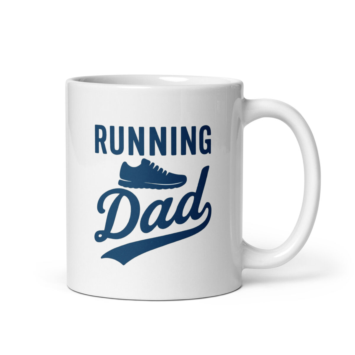 White mug with 'Running Dad' design.