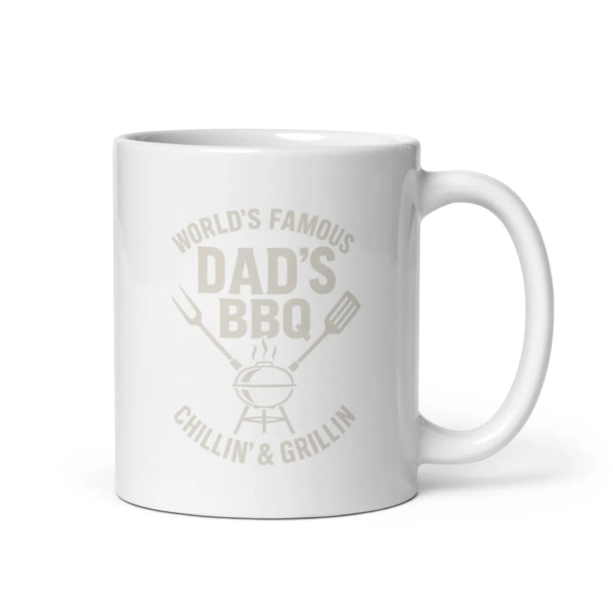 White mug with Dad's BBQ text design.