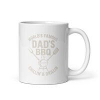 White mug with Dad's BBQ text design.