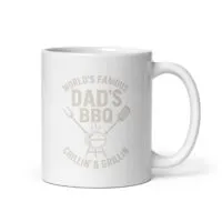White mug with Dad's BBQ text design.