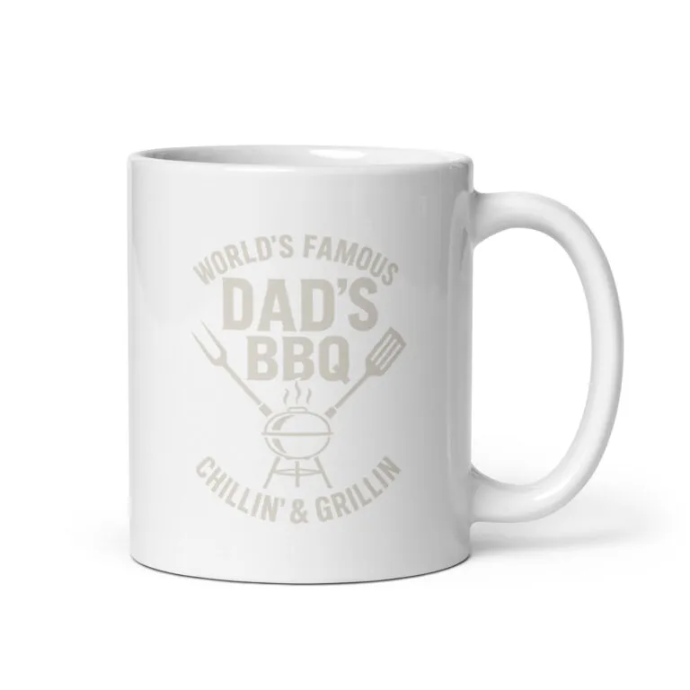 White mug with Dad's BBQ text design.