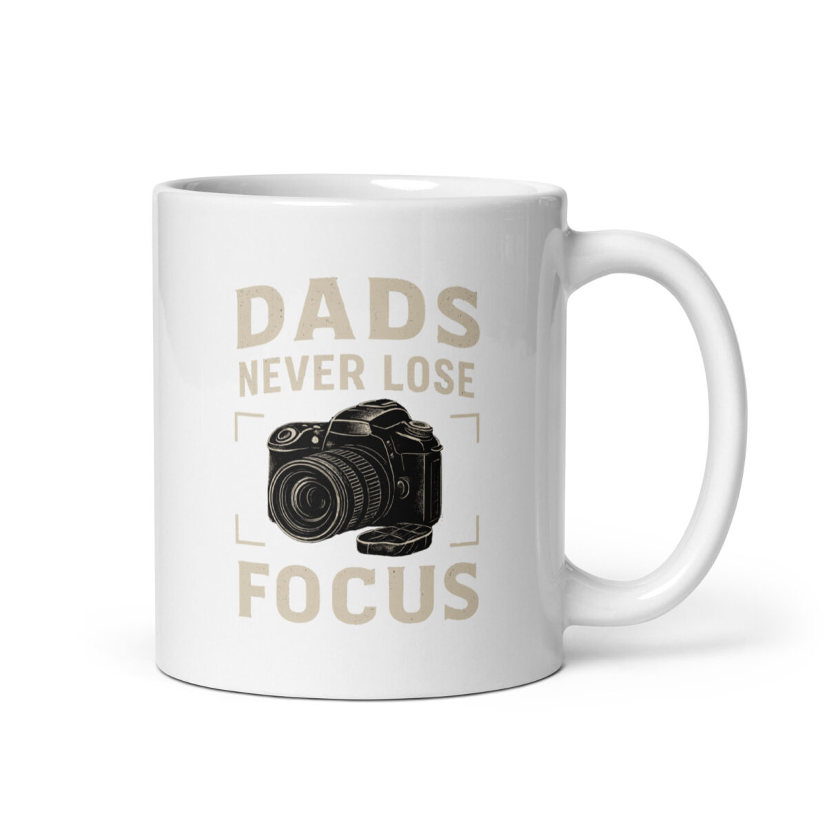 White mug with camera design and dad quote.