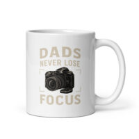 White mug with camera design and dad quote.