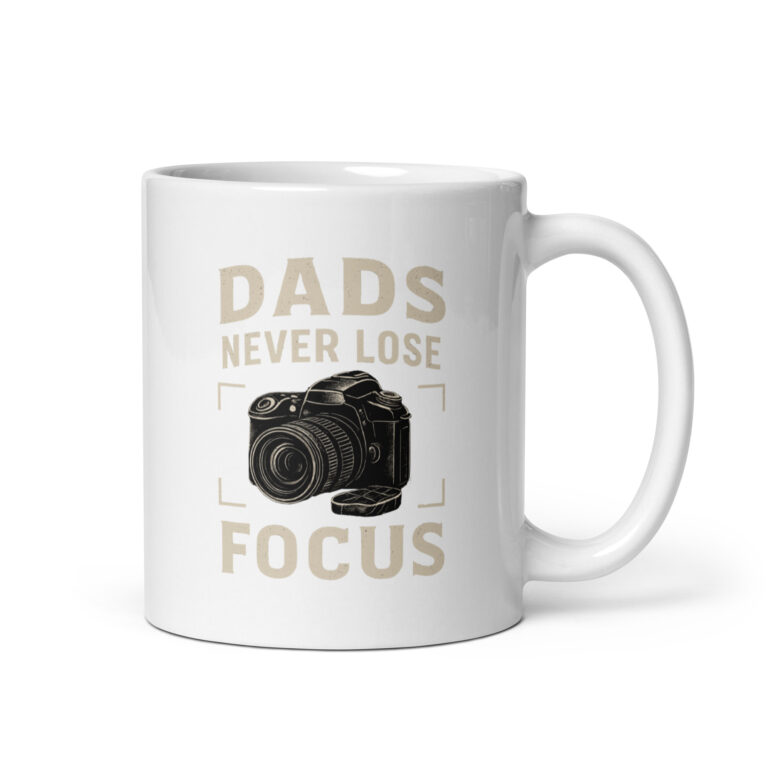 White mug with camera design and dad quote.
