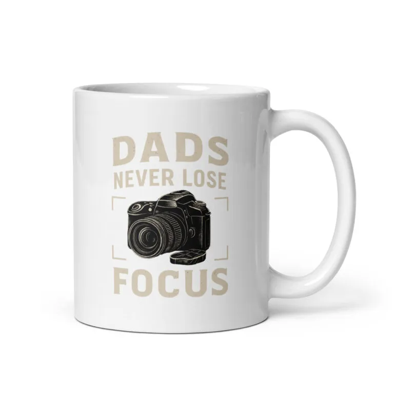 White mug with camera design and dad quote.