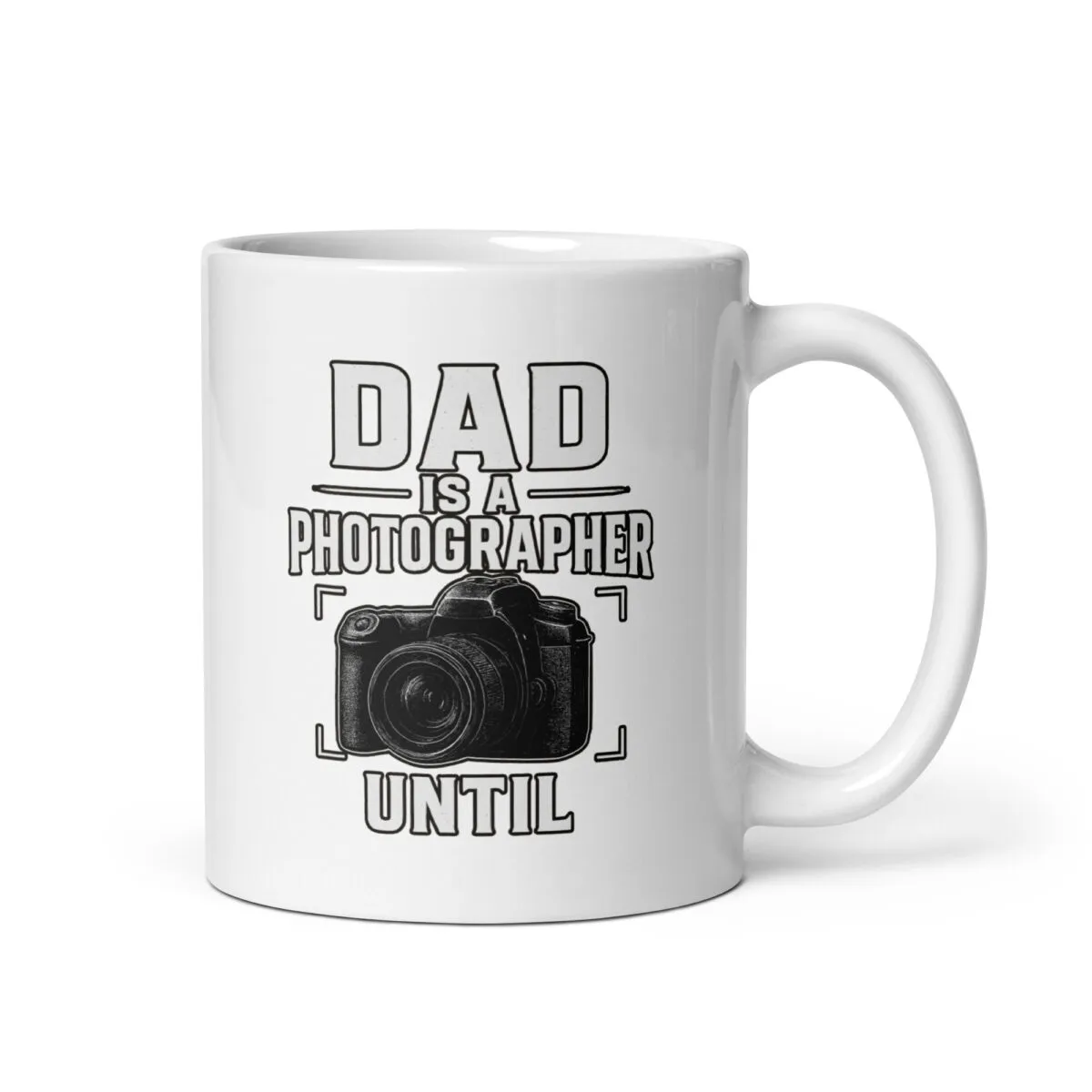 White mug with photographer dad design.