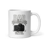 White mug with photographer dad design.