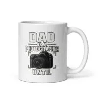 White mug with photographer dad design.
