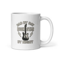 White mug with guitar dad rock star design.