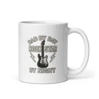 White mug with guitar dad rock star design.