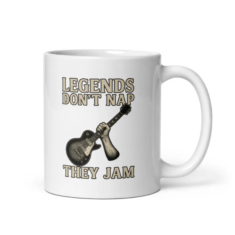 Mug with guitar and 'Legends Don't Nap' text