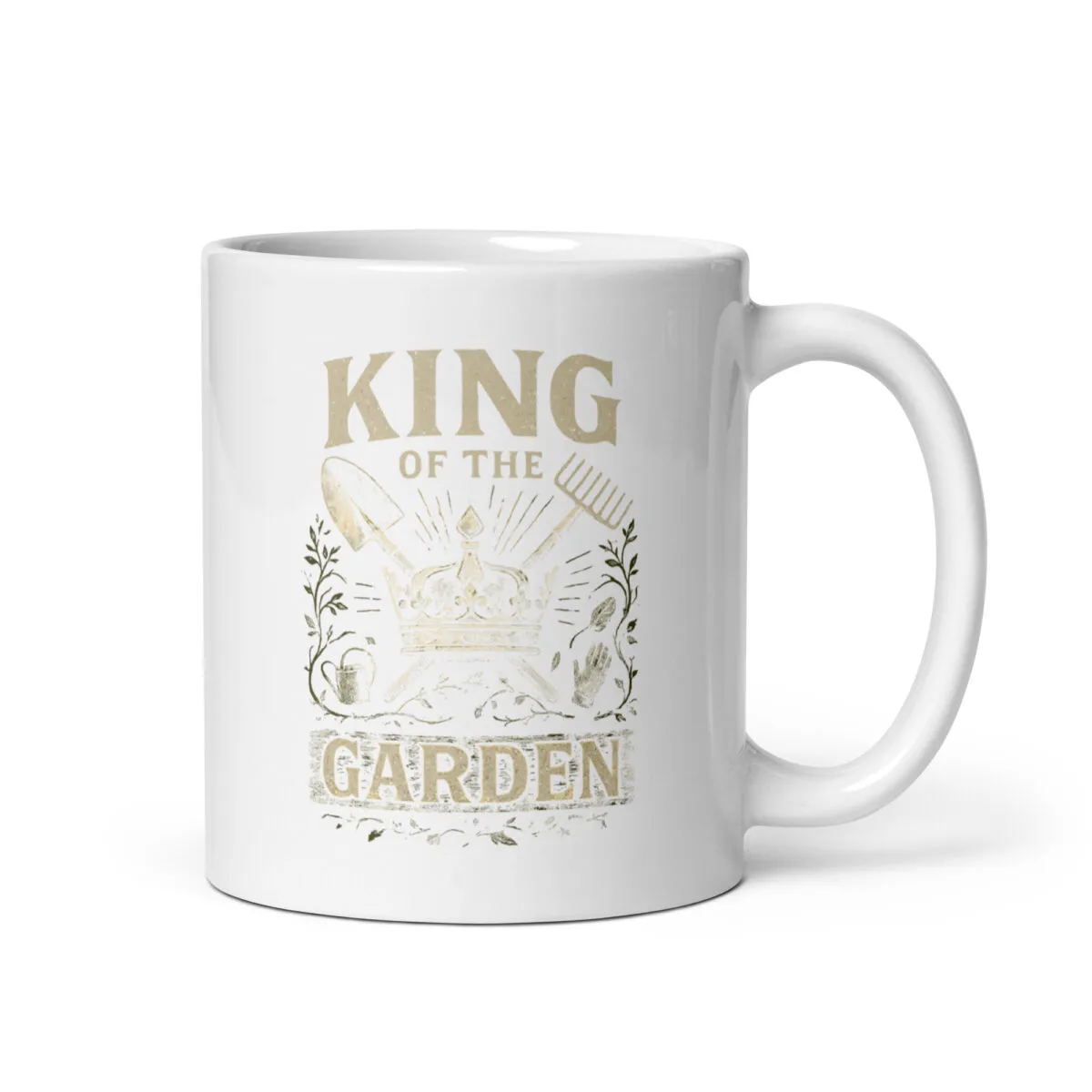 White mug with 'King of the Garden' design.