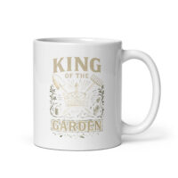 White mug with 'King of the Garden' design.