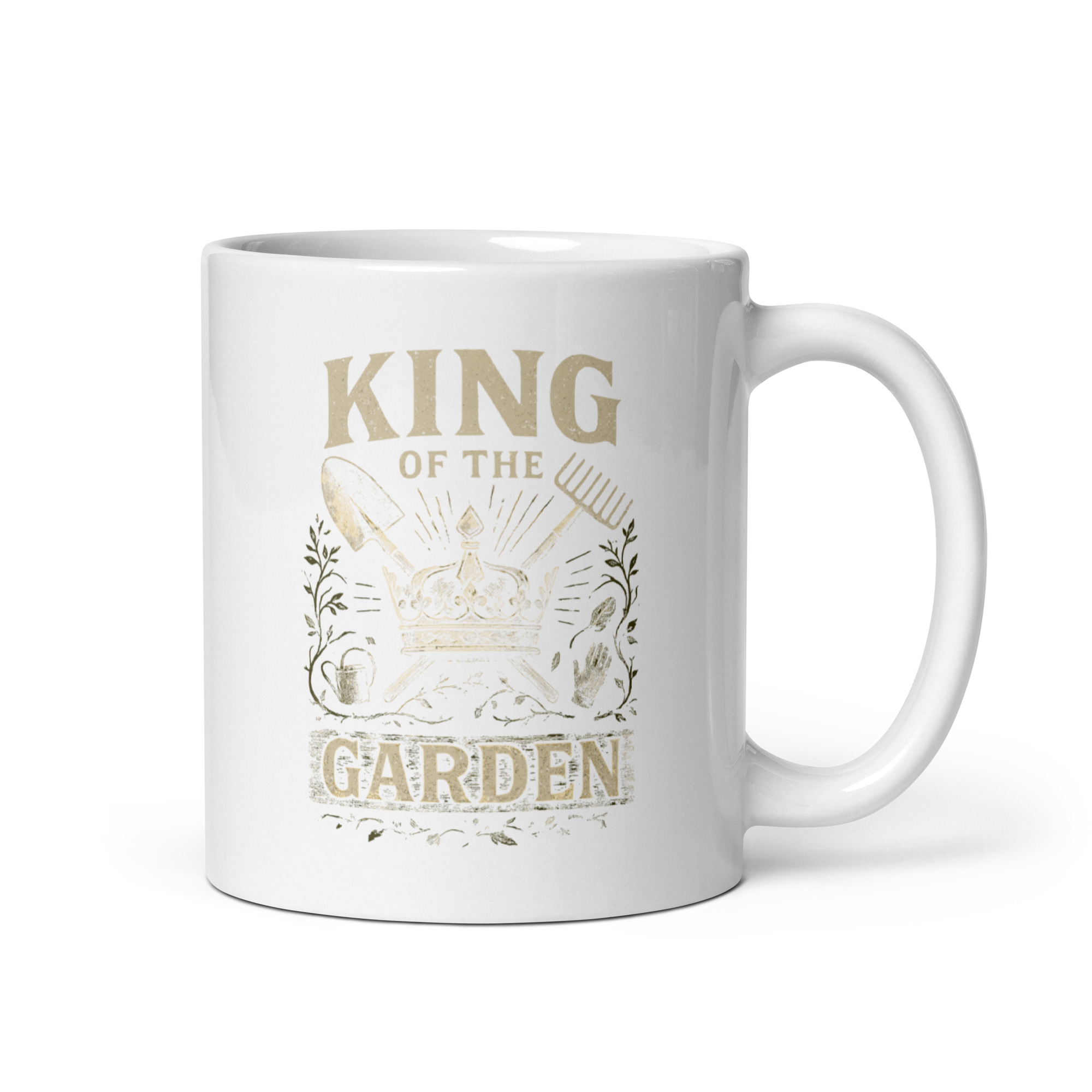 white-glossy-mug-white-11-oz-handle-on-right-68f1f205237ff.jpg White mug with 'King of the Garden' design.