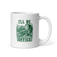 Garden-themed office mug with humorous text and illustration.