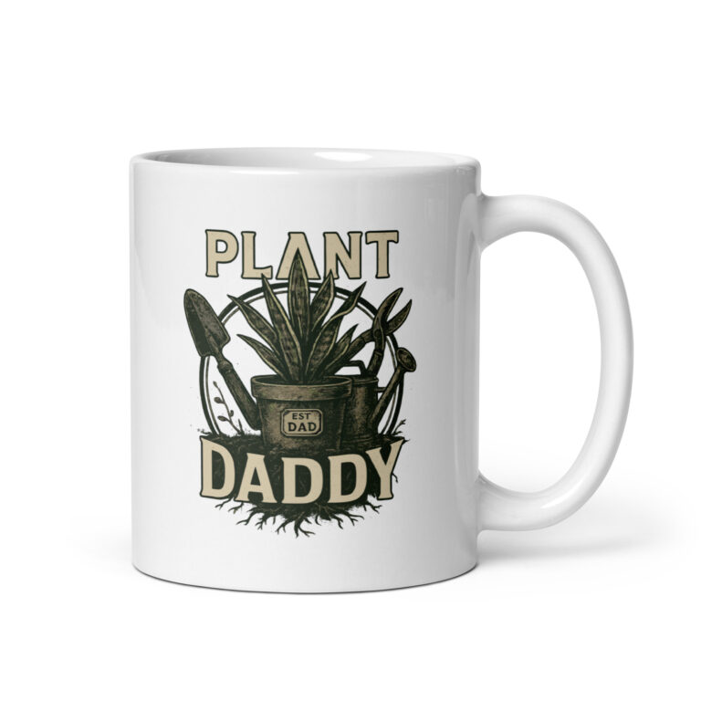 White mug with 'Plant Daddy' design.