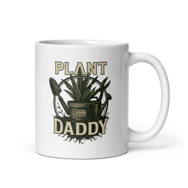 White mug with 'Plant Daddy' design.