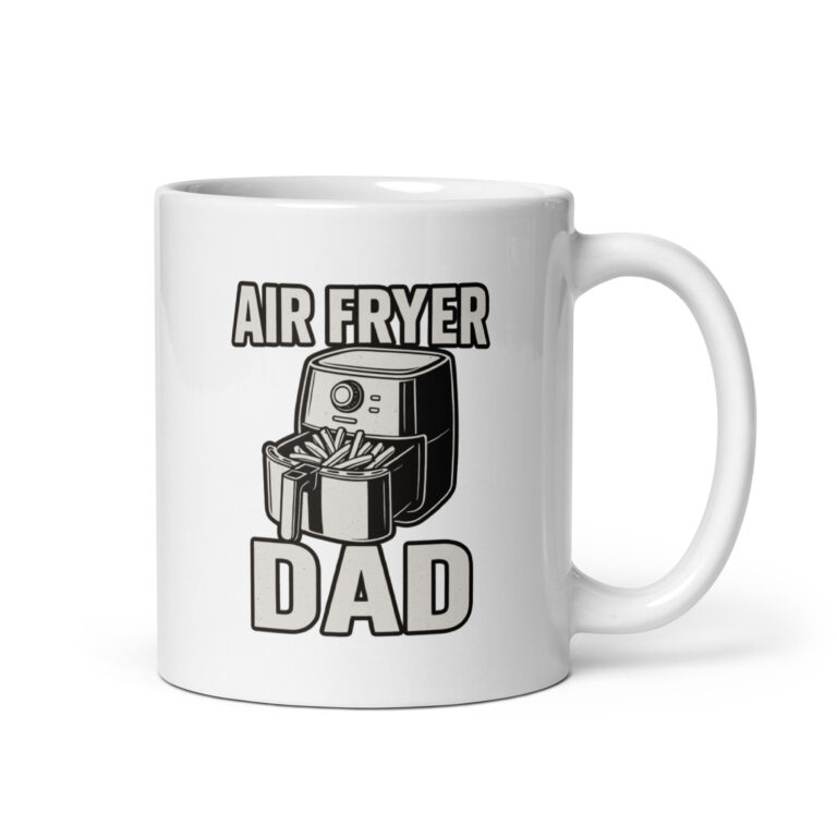 White mug with 'Air Fryer Dad' design.