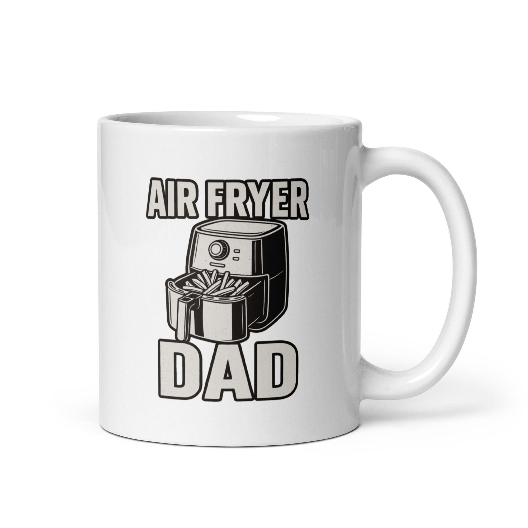 white-glossy-mug-white-11-oz-handle-on-right-68f1fd5acf8bb.jpg White mug with 'Air Fryer Dad' design.