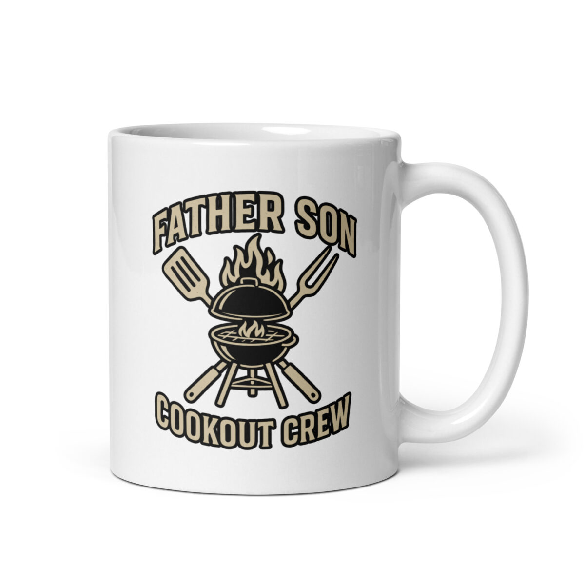 Father Son Cookout Crew mug with grill design.