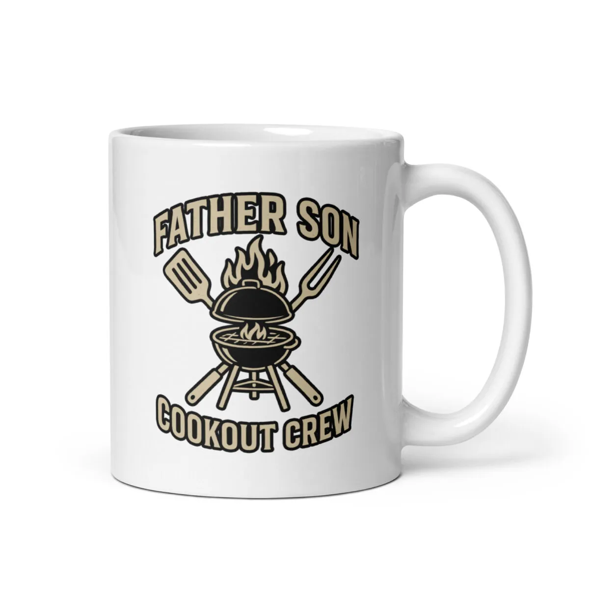 Father Son Cookout Crew mug with grill design.