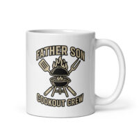 Father Son Cookout Crew mug with grill design.