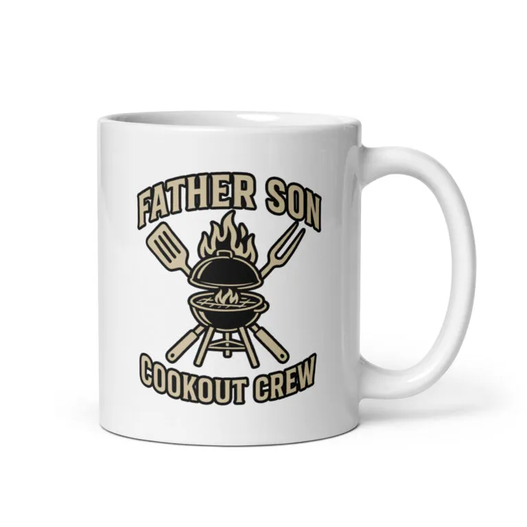 Father Son Cookout Crew mug with grill design.