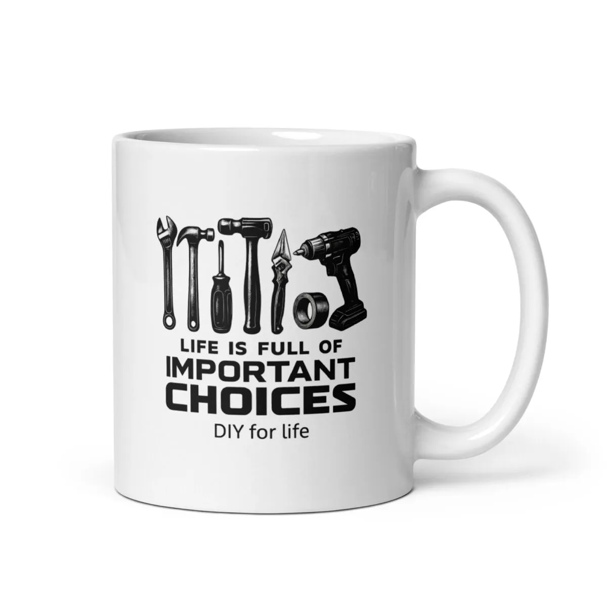 Mug with DIY tools design and text slogan.