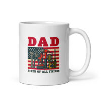 Dad mug with tools and American flag background.