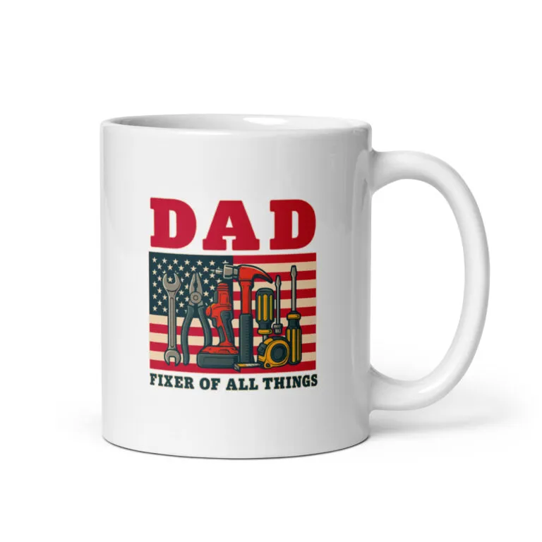 Dad mug with tools and American flag background.
