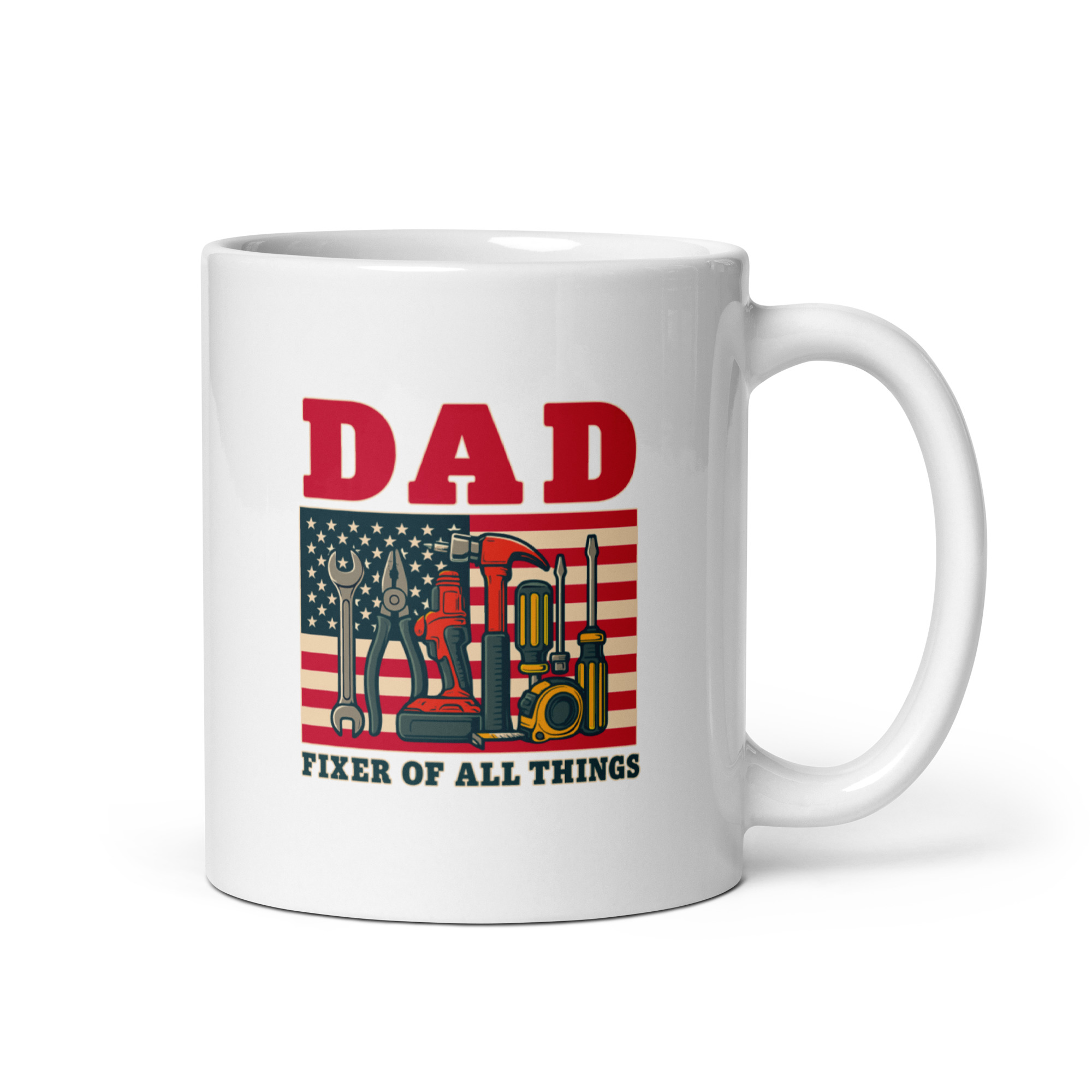 white-glossy-mug-white-11-oz-handle-on-right-68f20af9c9749.jpg Dad mug with tools and American flag background.