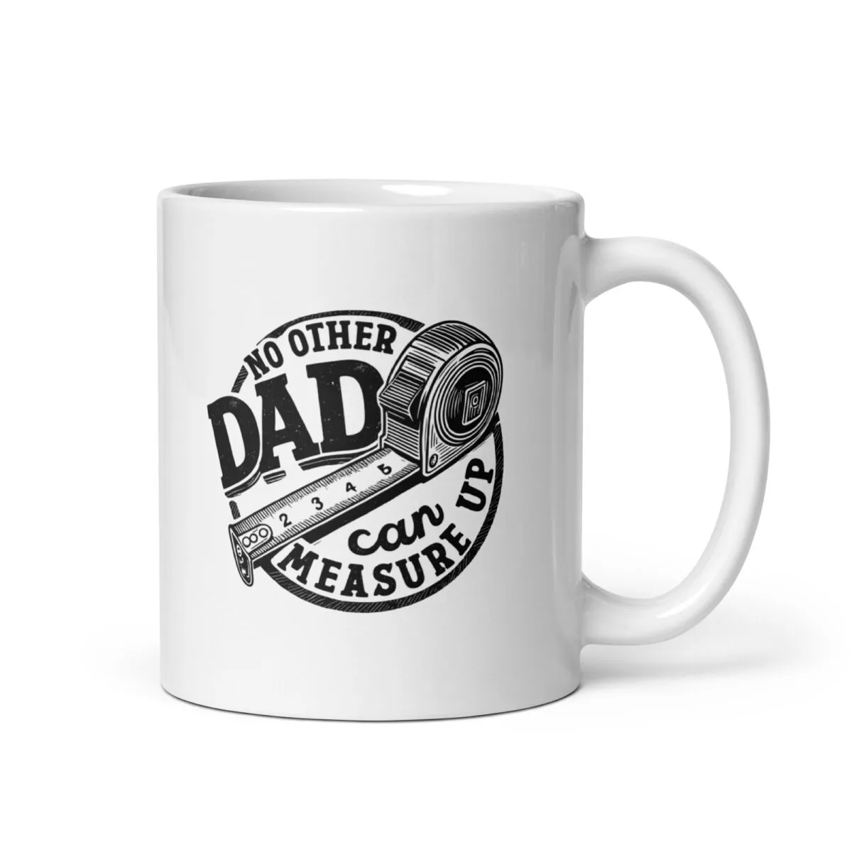 White mug with dad measuring tape design.