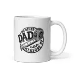 White mug with dad measuring tape design.
