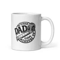 White mug with dad measuring tape design.