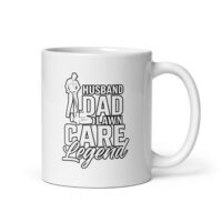 White mug with lawn care legend design.