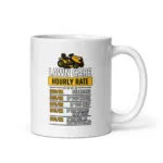 Lawn care mug with humorous hourly rates chart.