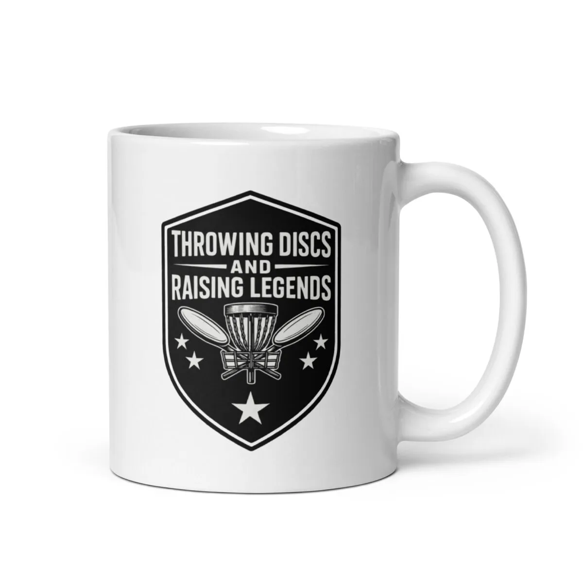 White mug with disc golf design and text.