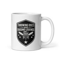 White mug with disc golf design and text.