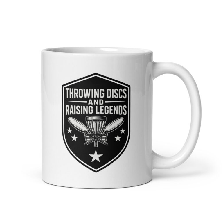 White mug with disc golf design and text.