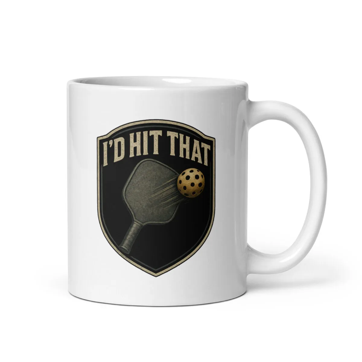 Pickleball themed mug with paddle and ball graphic.