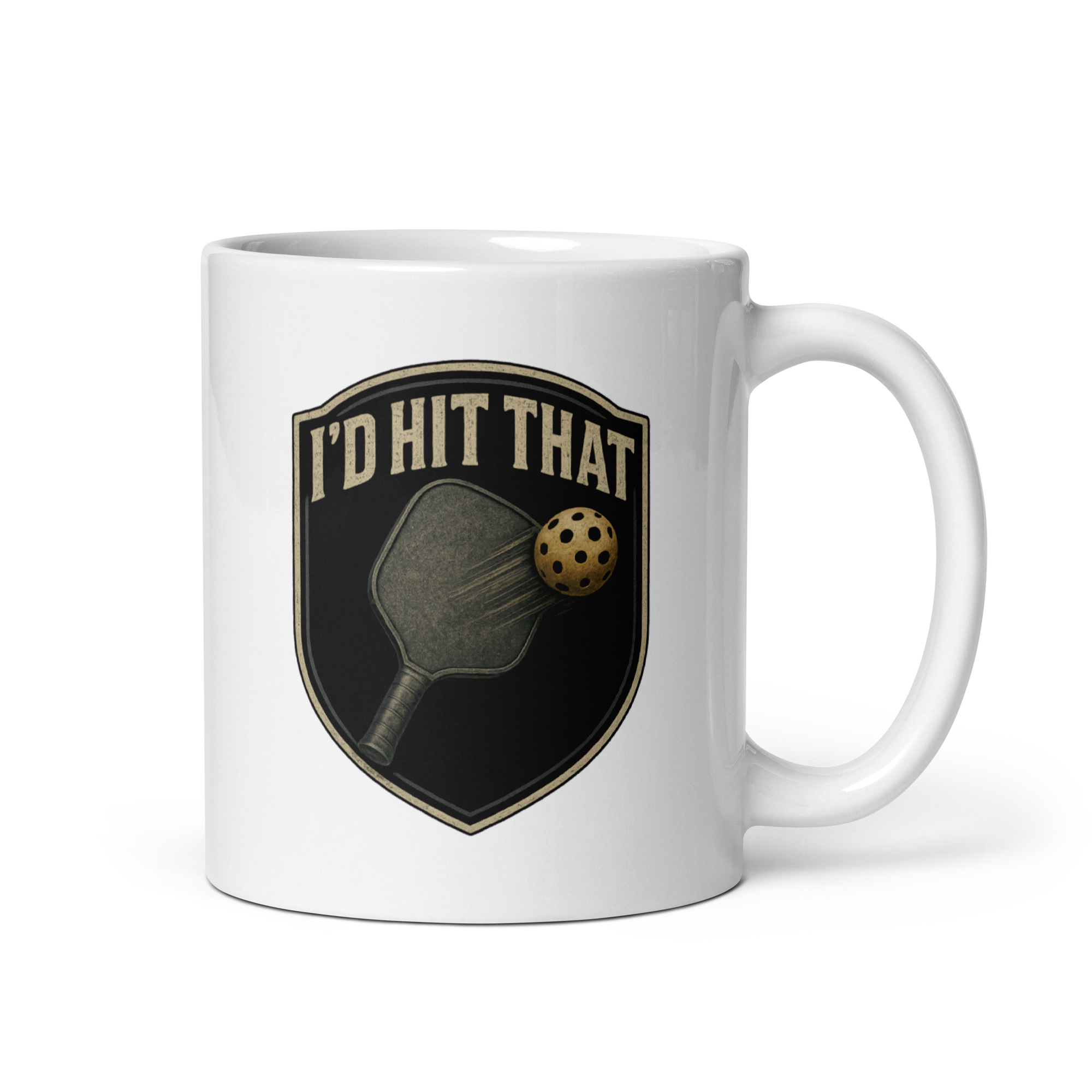 white-glossy-mug-white-11-oz-handle-on-right-68f62350af97d.jpg Pickleball themed mug with paddle and ball graphic.