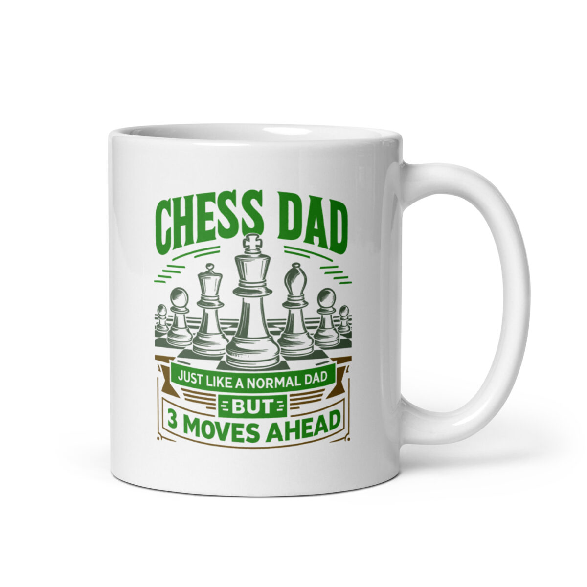 White mug with chess-themed dad quote.
