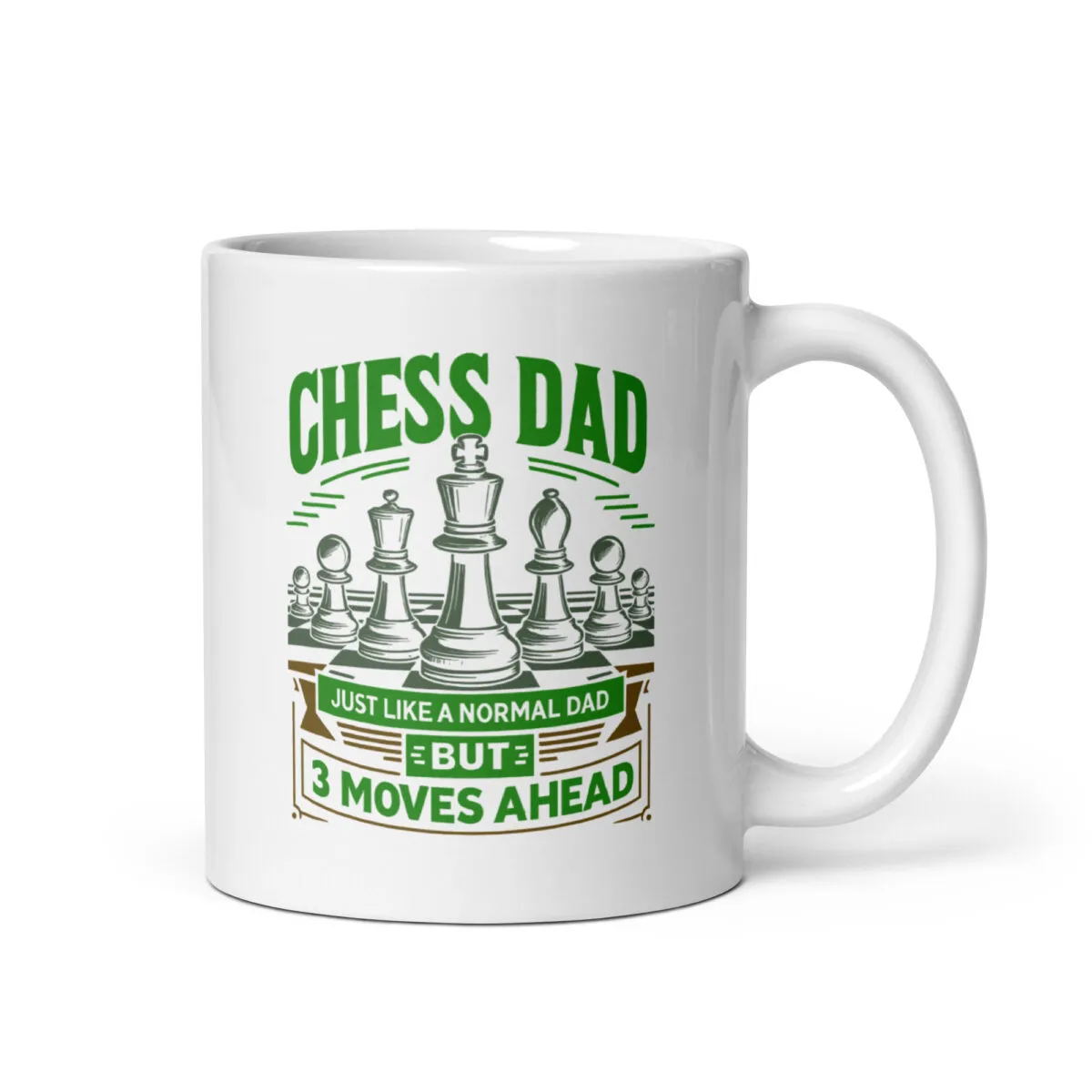 White mug with chess-themed dad quote.