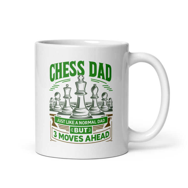 White mug with chess-themed dad quote.