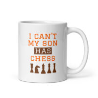 Chess-themed mug with humorous text and pieces.