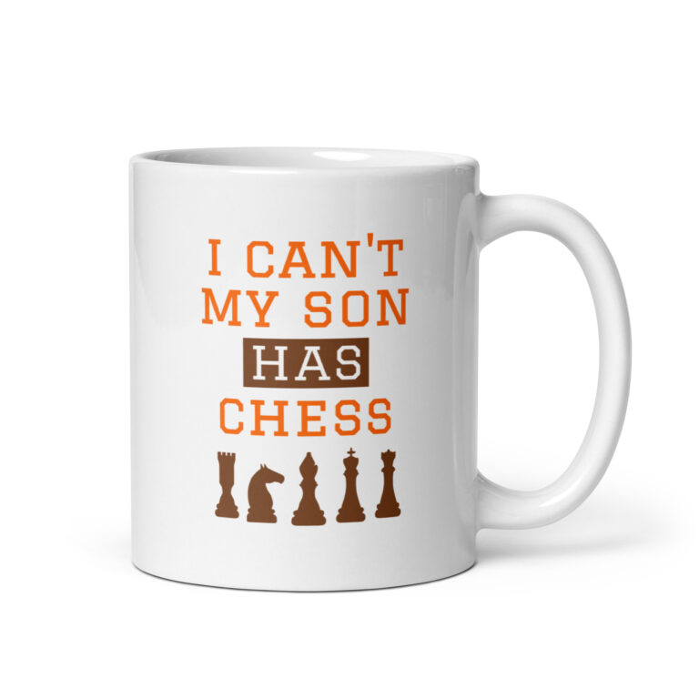 Chess-themed mug with humorous text and pieces.